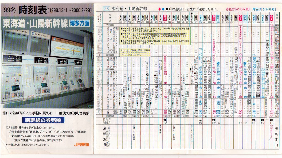 東海道・山陽新幹線時刻表(H11.12.1～H12.2.29)① ※下り東京起点6:00