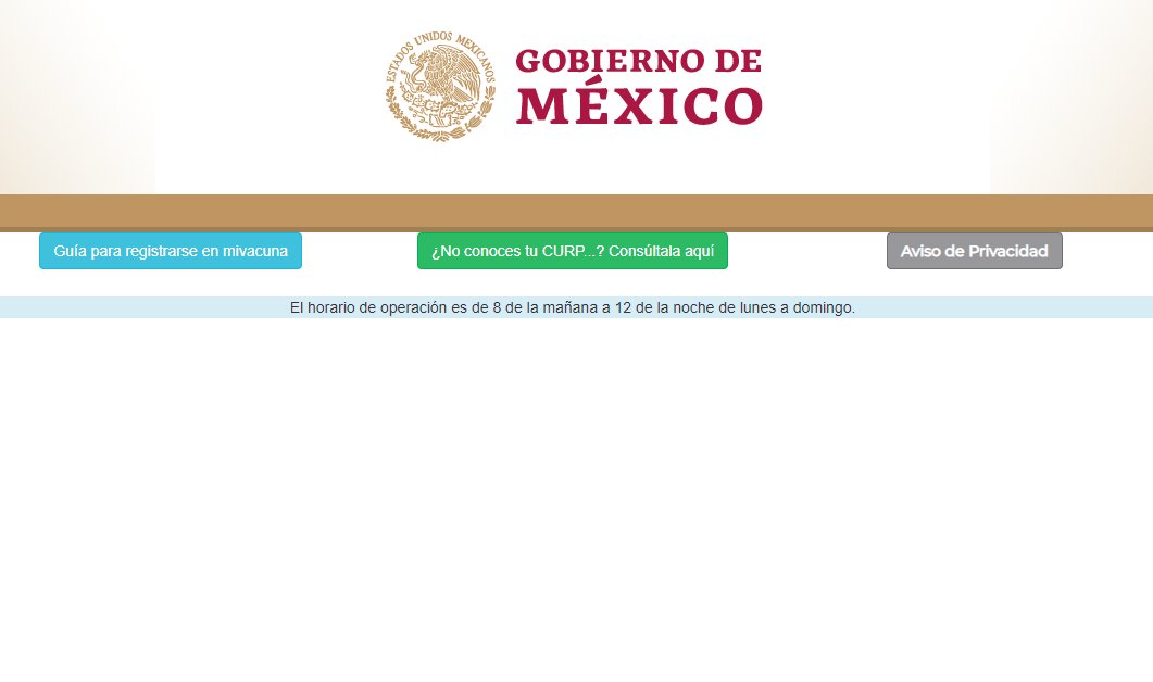 erflogo's tweet photo. Ya se puede ingresar a la página de mivacuna. Pero, a la hora de ingresar la CURP, ya no aparece ninguna opción. Estoy ingresando en el horario indicado. @SSalud_mx @HLGatell https://t.co/q9vROsXjl6