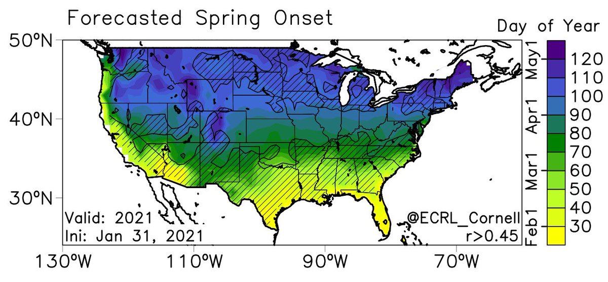 ECRL_Cornell's tweet photo. Spring onset forecast from @CarlosMCarrill5 and ECRL. Looks like an early spring for a large portion of the US. We’ll see how we’ve done in a couple months! https://t.co/QnoUxPVXdM