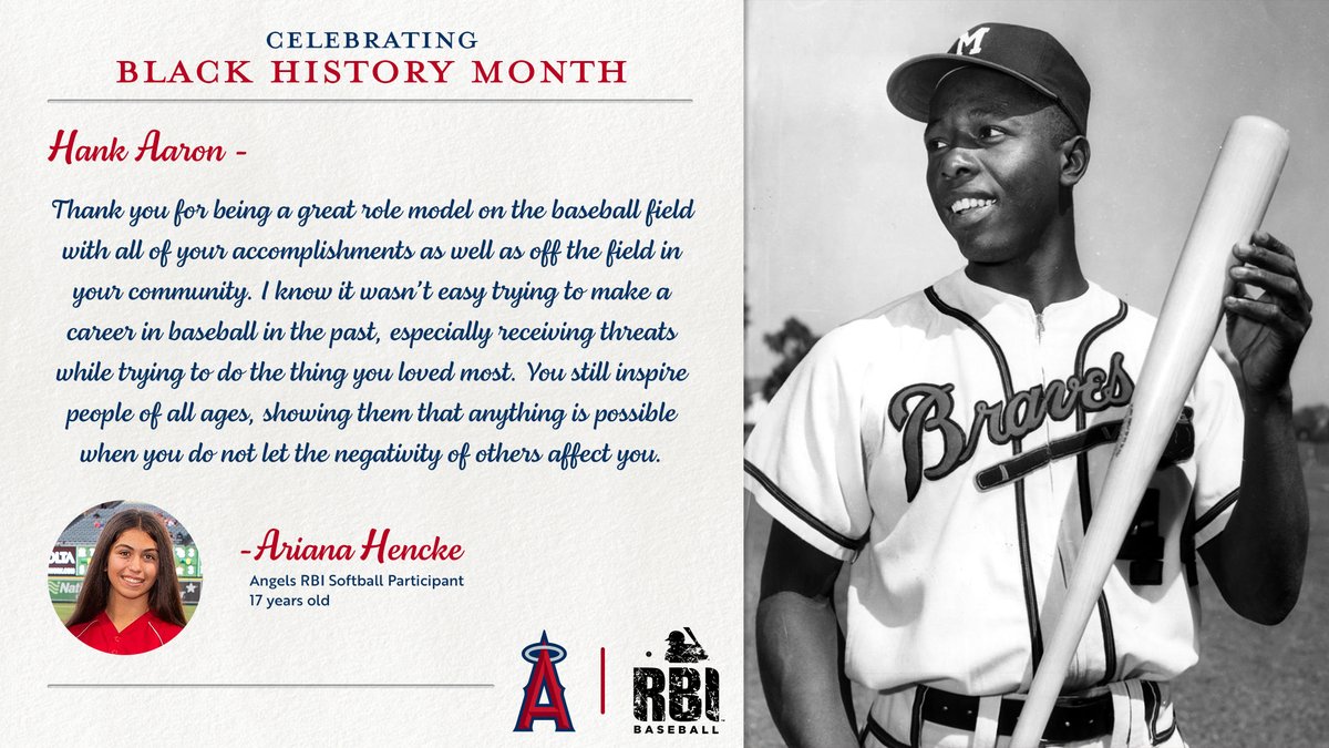 As we celebrate #BlackHistoryMonth during the month of February, our <a href="/AngelsRBI/">Angels RBI League</a> participants wrote virtual letters to their favorite, black historical players. Their impact on the game continues to inspire! This week's letter is from Ariana to Hank Aaron. <a href="/Angels/">Los Angeles Angels</a> <a href="/MLB/">MLB</a> <a href="/MLBRBI/">MLBRBI</a>