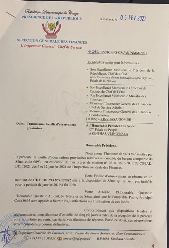 VoiceOfCongo's tweet photo. #RDC : l'IGF met la pression et donne un délai de 5 jours à Thambwe Mwamba et son bureau pour justifier la gestion des fonds ( CDF 107.393.869.128,82) https://t.co/0fallWyMR8