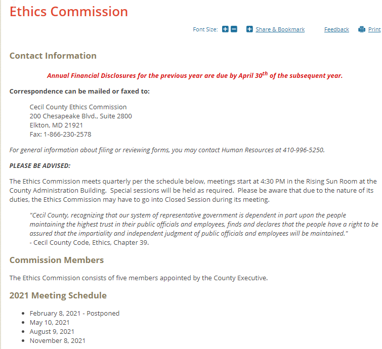fbowman's tweet photo. The Cecil County Ethics Commission meeting previously scheduled for 2/8/2021 is now noted as "postponed" per the county website. Most likely because there are no current members on the commission. #cecilcounty #Maryland https://t.co/DW2McHulaA https://t.co/hYD9A60zRY