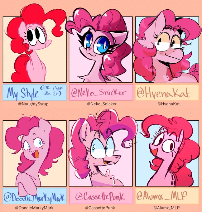 a simple little art challenge where I tried to emulate the art styles of other pony artists-- it was cool to try out other peoples styles as a little practice :) (the artists: @neko_snicker, @hyenakat, @DoodleMarkyMark, @cassettepunk , @Alumx_mlp ) 
