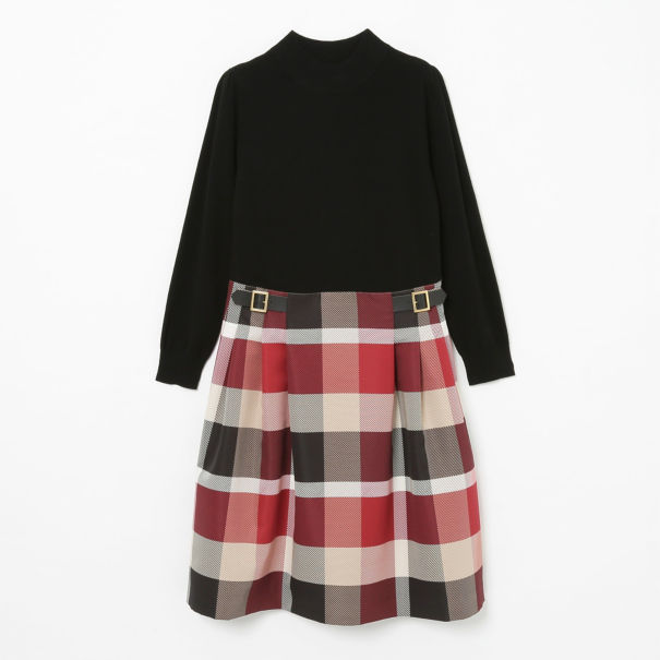 Blue Label Crestbridge 上質な光沢感と美しいシルエットが特徴のタックスカートと パフスリーブがキュートなニットをドッキングしたワンピース ウエストのベルトディテールが ブルーレーベルらしいトラッドなアクセント T Co Xuze1oplfa