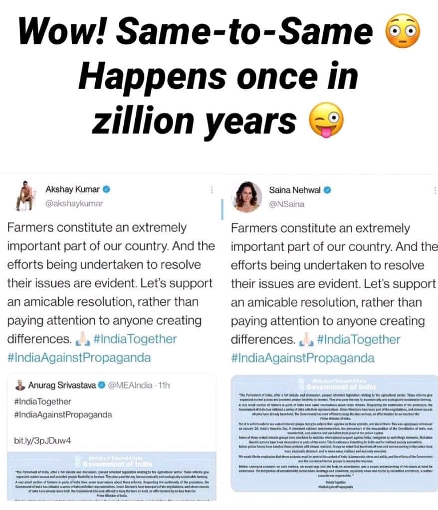 12Aaryaman's tweet photo. #IndianFarmersHumanRights
#shameonbollywood 
They send same script  on both! 😁 https://t.co/AbgKeGeMES