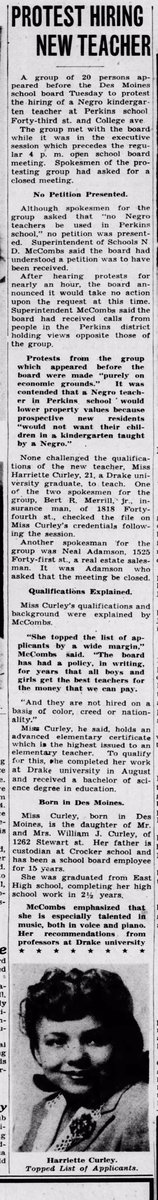 StateCuratorIA's tweet image. Cheers to the late Harriette Curley, a @DrakeUniversity grad hired at Perkins Elementary in @DMschools 75 years ago this fall. Bigoted parents protested. Administration supported her. She persevered, a successful career. 1st Black FT teacher since segregated DM schools of 1870s.