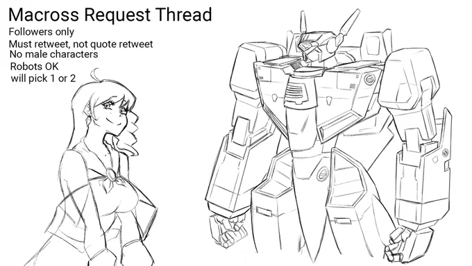 Macross request thread. will be picking one or two. 

Rules:
Must be macross related(obciously lmao)
Must be following me
Retweet this post, no quote retweets
No male characters
Mecha is OK

#macross #mecha #idol 