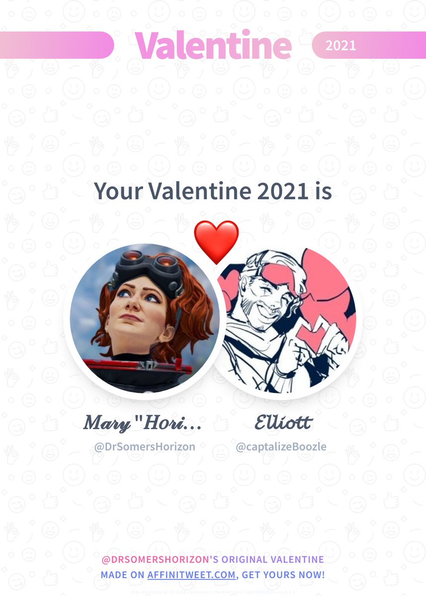 ✨ Valentine

This year you're mine captalizeBoozle! ❤️
And you, whom will be yours?

➡️ affinitweet.com/valentine