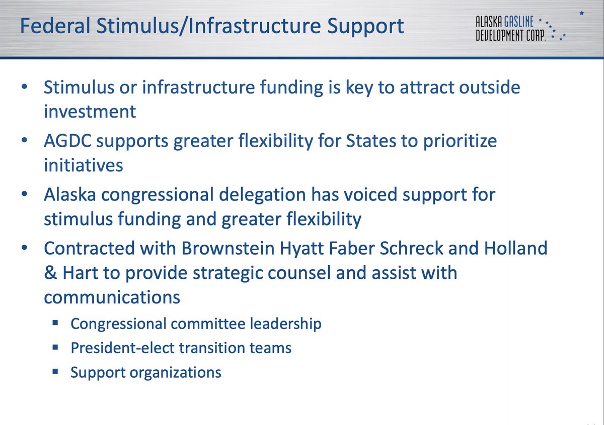 3. The gas line corporation is to meet Thursday on the new Dunleavy gas line plan, which is based on getting federal $$. One slide notes the firms employing Parnell and Begich without mentioning them by name. Or that the contracts were signed months ago.  #akleg  #akgov