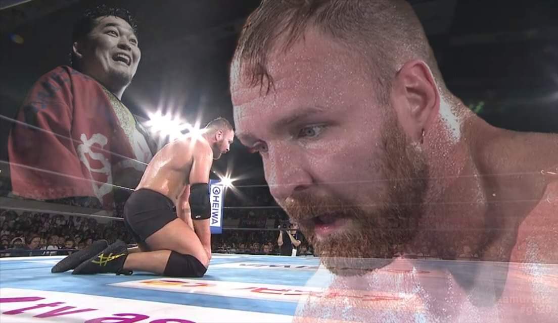 RossWBermanIV's tweet photo. Jon Moxley is terrified because if KENTA can show up on #AEWDynamite, then there is another that can also collect on old debts... https://t.co/5w6DiI1l5H