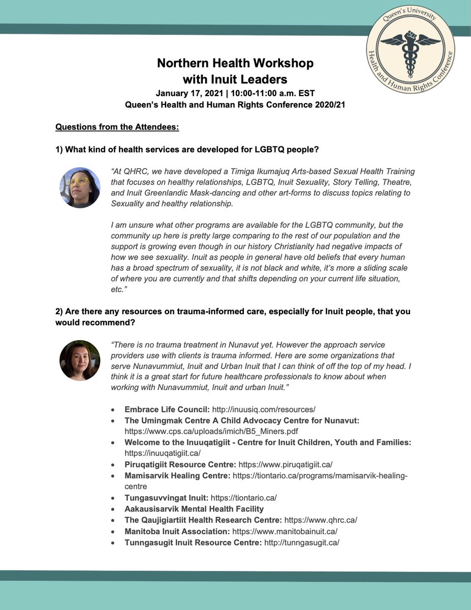 QueensHHRC's tweet photo. Hello, 2021 HHRC delegates! We've compiled answers for those who asked questions during the Northern Health Workshop with Inuit Leaders. Please refer to the images below or visit the link to a PDF version. 
Link: https://t.co/OcaQjC0Tup...
#hhrc2021 https://t.co/KUvZSTM7XP