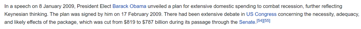 In 2009, as Obama took office, he put forward an 819 Billion recovery plan based on Keynsian bottom-up theories. (Hence the "shovel-ready" Keynsian language). Republicans cut it and still voted against it