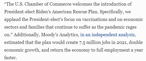 And even conservatives (not in Congress) are now on board. Here's Forbes quoting the US Chamber of Commerce stating the plan will double economic growth.  https://www.forbes.com/sites/rhettbuttle/2021/01/31/business-and-economic-leaders-say-more-relief-needed-the-american-rescue-plan-could-help-americas-small-businesses/?sh=2d42807d65e2