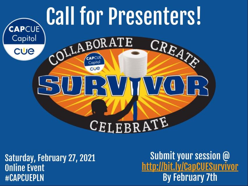 We need you your expertise. Join CapCUE for an adventure. Presenting for Spring CUE... want to test your material? Join us as we go from surviving to thriving! #WeAreCUE #MERIT19 #MERIT18 #MERIT17 #KCICIO19 <a href="/MidnitePedagogy/">MidnightPedagogy</a>