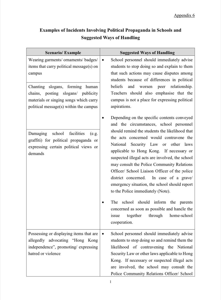  #BREAKING In the long-awaited guidelines on  #NationalSecurityLaw, schools are advised to call police when there are “grave and emergency” incidents in which pupils display items advocating  #HK independence, chant slogans, form human chains or wear items with political messages