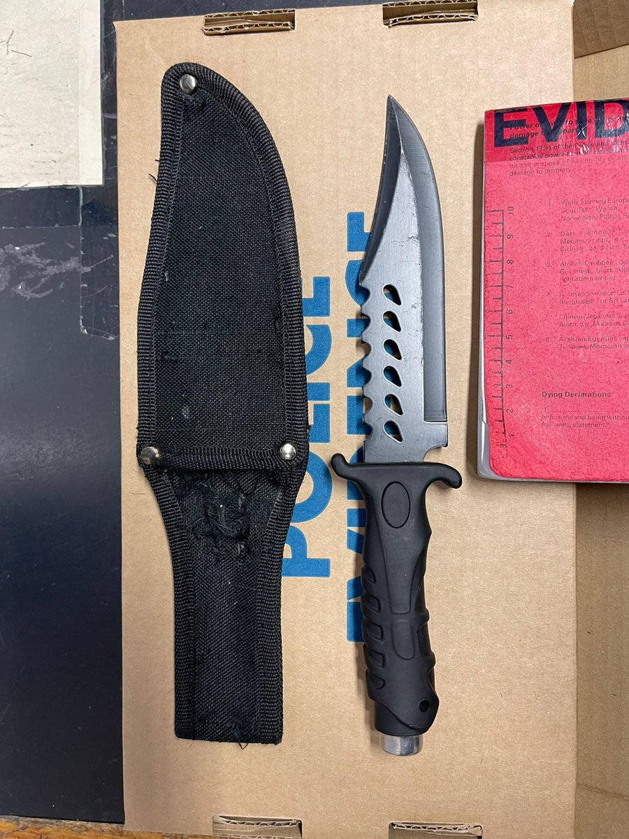 MPSWForest's tweet photo. Last night VCTF officers approached a group of males, upon seeing them, 1 was detained and another made off on a pedal cycle who was caught and detained. A police dog conducted a search of the contained area & these 2 nasty knives were found under vehicles. #VCTF #spacefor2 #SN4 https://t.co/mV3Dipsazv