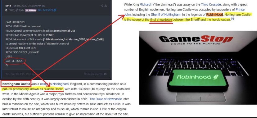 (There's also speculation tacked on via conspiracy chart that the phrase "CASTLE_ROCK," which appears in a separate drop, refers to the Robinhood app but acknowledges recent buzz that a production company called CastleRock is staging the Biden presidency.)