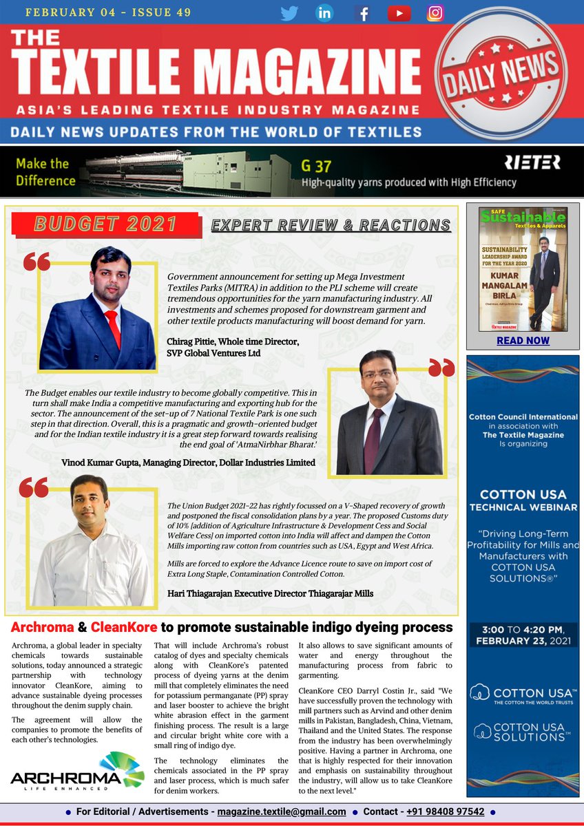 MagazineTextile's tweet image. Link to PDF: indiantextilemagazine.in/wp-content/upl…

In today's #Headlines, Budget 2021 Expert Review &amp;amp; Reactions. Archroma &amp;amp; CleanKore to promote sustainable indigo dyeing process.

#SVPGlobalVentures, #DollarIndustries, #ThiagarajarMills, #Archroma, #Cleankore, #sustainable, #indigo, #dyeing,