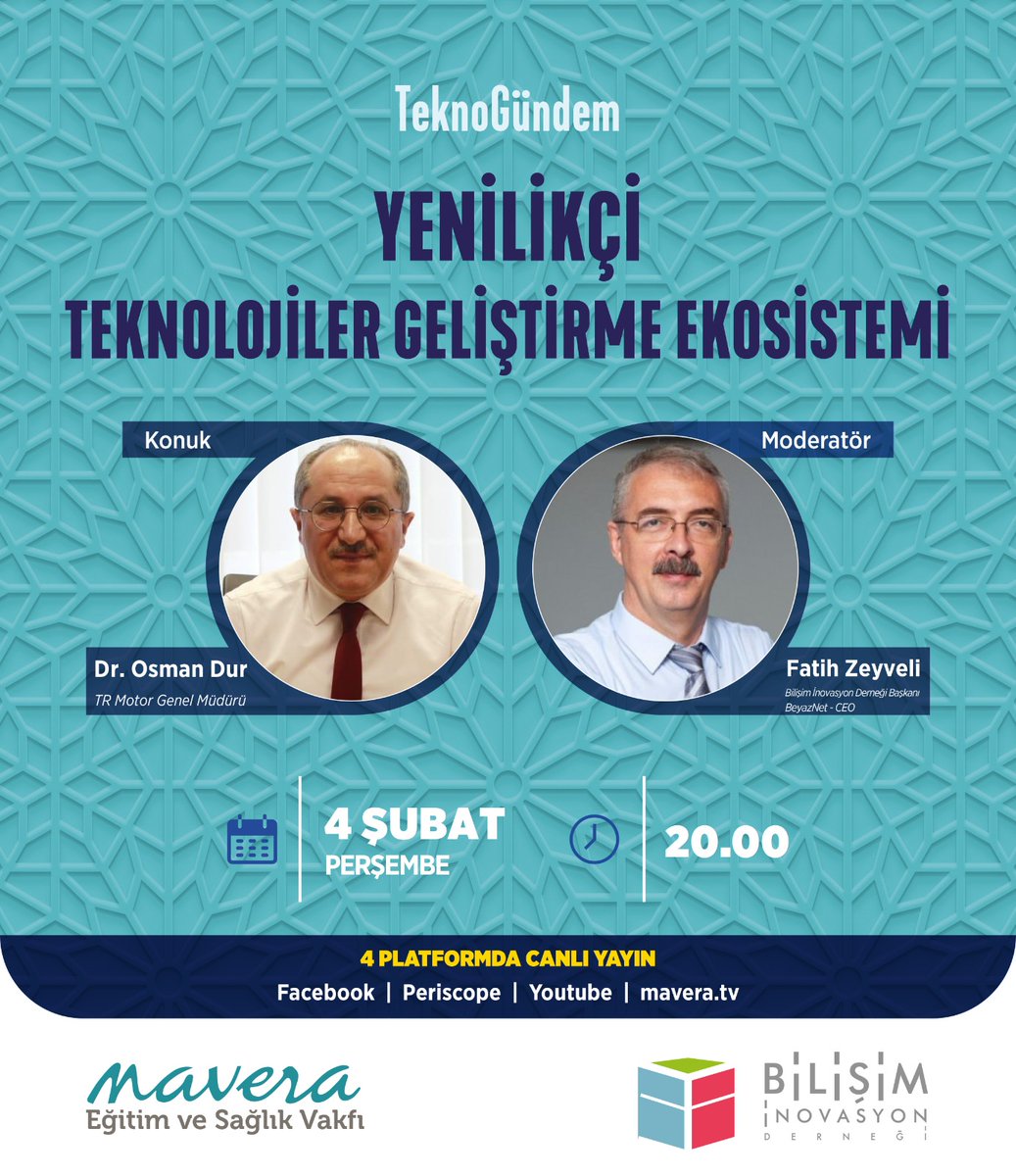 Bu haftaki TeknoGündemimiz "Yenilikçi Teknolojileri Geliştirme Ekosistemi"  Sn. Dr. Osman Dur'un katılımı ve Sn. M. Fatih Zeyveli'nin moderatörlüğünde 4 Şubat Perşembe saat 20:00 'de canlı gerçekleşecek programımıza katılımınızı bekliyoruz!

Link: lnkd.in/d3YvJtw