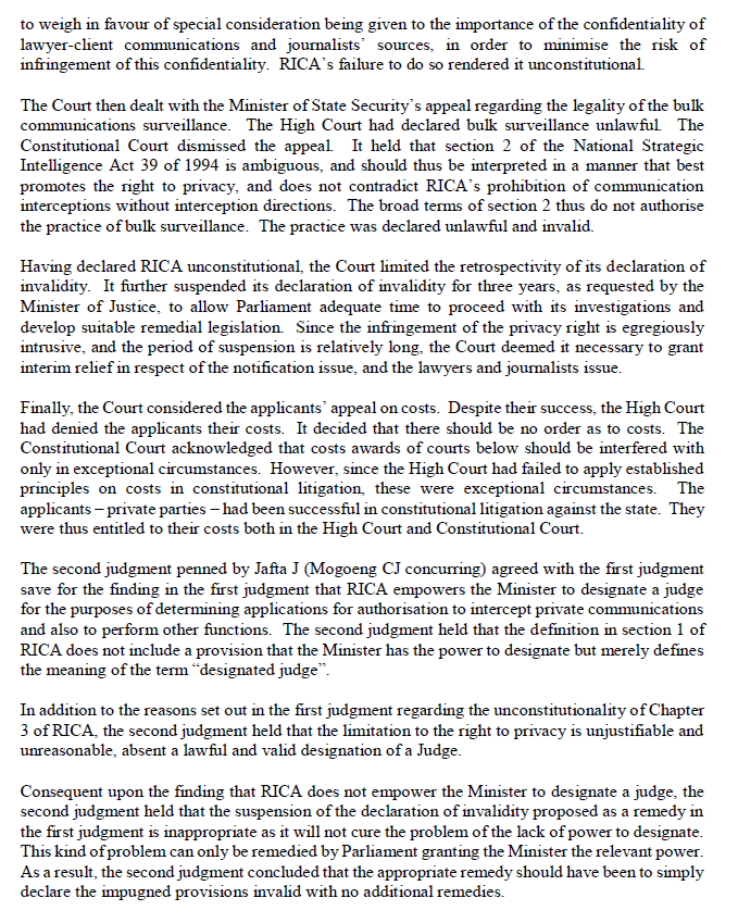 (1/2) Judgment: RICA is unconstitutional to the extent that it fails to provide adequate safeguards to protect the right to privacy, as buttressed by the rights to freedom of expression and the media, access to courts and a fair trial.