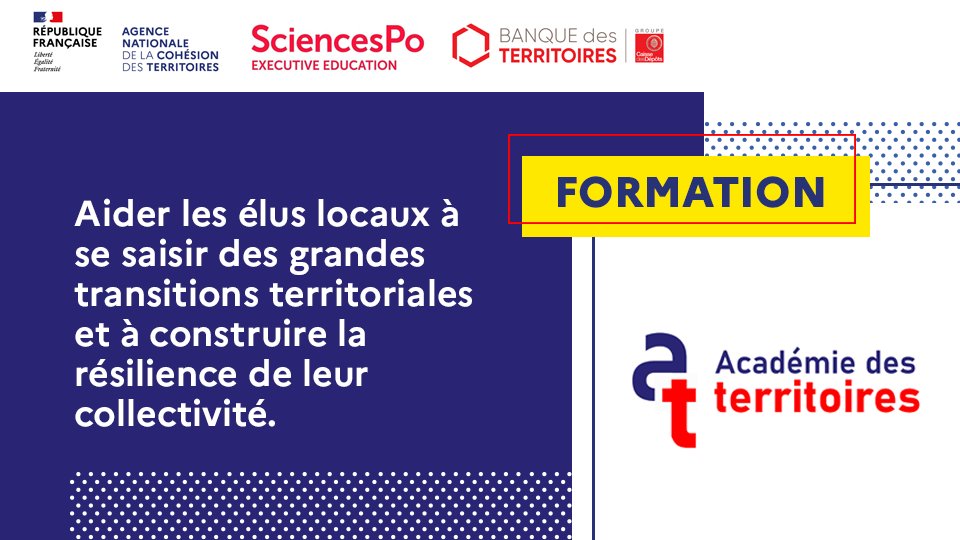 🚀 L'ANCT, <a href="/ScPoExecEd/">Sciences Po Executive Education</a> et la <a href="/BanqueDesTerr/">Banque des Territoires</a> lancent l' #AcadémieDesTerritoires !
🎓 Une offre de formations à destination des élus pour les aider à mieux appréhender les grandes transitions à venir (écologiques, démocratiques, numériques..)

➡ academiedesterritoires.fr
#CollTerr