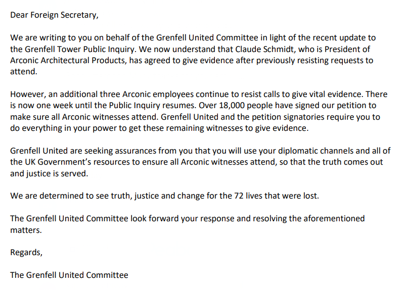 GrenfellUnited's tweet photo. It’s less than a week until the Public Inquiry. We’ve written to Dominic Raab along with 18,000 people to keep the pressure up and ensure all Arconic witnesses give their evidence.
We are determined to see truth, justice and change for our 72 loved ones. https://t.co/anZwNIuANL