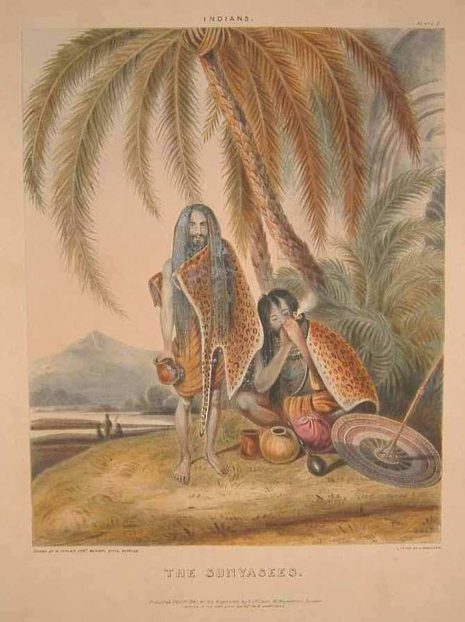 Sunyasee painting/illustration by William Taylor of Bengal Civil Service, 1842Sanyasi Sadhu Fakir Yogi?Ascetic via  http://columbia.edu Palm/date tree, bamboo umbrella, hookah-chilam, Tiger skin all there, but they didn't have worldly charms!