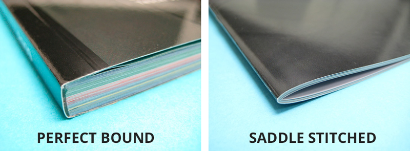 The making book is stapled together which is also called saddle stitch binding. This is a common and efficient way of binding smaller books that don’t have a lot of pages.(Perfect binding uses a flexible adhesive).