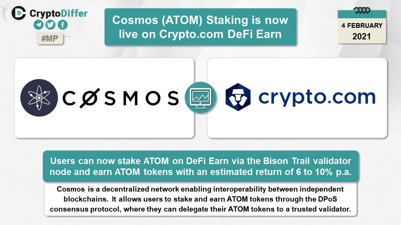 Cryptodiffer On Twitter Cosmos Atom Staking Is Now Live On Cryptocom Defi Earn Users Can Now Stake Atom On Defi Earn Via The Bison Trail Validator Node And Earn Atom Tokens With