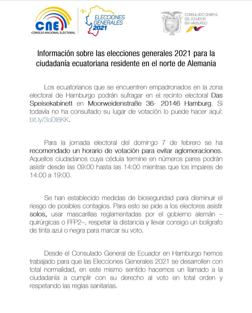 📌ELECCIONES GENERALES 2021

#Elecciones2021Ec
#YoMeCuido
<a href="/EmbajadaEcuDEU/">Embajada del Ecuador en Alemania</a> <a href="/CancilleriaEc/">Cancillería del Ecuador 🇪🇨</a> <a href="/cnegobec/">cnegobec</a>