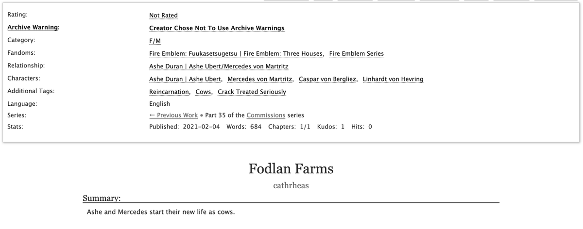 archiveofourown.org/works/29192730

It's, um...crack, where, um...Mercedes and Ashe turn into cows, and...do cow things...yeah. Don't think about it too much