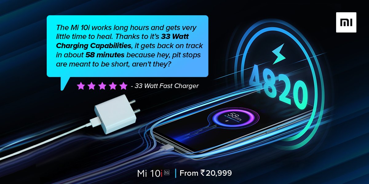 XiaomiIndia's tweet photo. So many compliments, So little time. 
Races to the Top in no time. 

Mi 10i X 33 Watt Fast Charging

Visit: https://t.co/CpdywlCs8j https://t.co/qjohzgjGJn