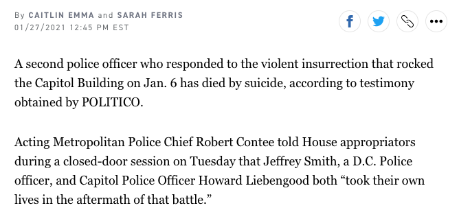 Two Capitol police officers are reported to have died by suicide in the weeks following the attack, along with one rioter who shot himself in the chest in his basement. https://www.politico.com/news/2021/01/27/second-officer-suicide-following-capitol-riot-463123