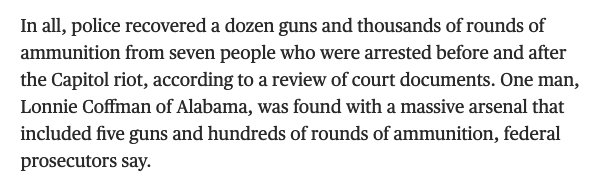It's difficult to determine how many guns were carried by the thousands of rioters who actually breached the Capitol. Press reports often include seizures that happened before & after the riot in the surrounding area. On Jan 13, NBC put the number at "a dozen guns from 7 people"