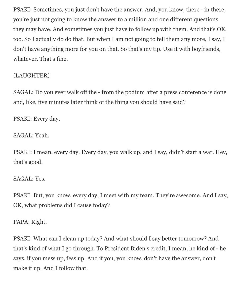 This weekend, I heard a lovely interview with Ms. Psaki on  @NPR  @waitwait and the host  @petersagal asked her if she thinks about her answers after she gives them. This is what she said....5/