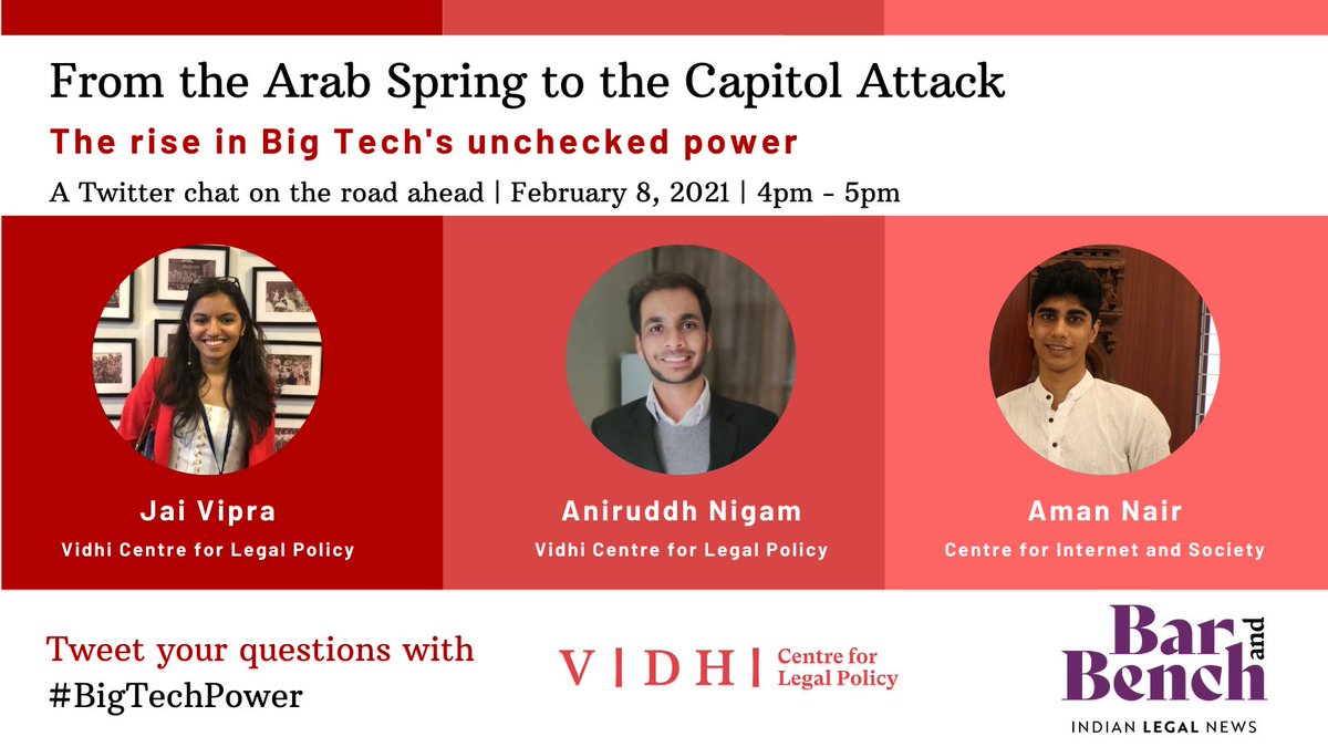 Vidhi_India's tweet photo. Trump's ban &amp; Big Tech's ability to control public conversation raises concerns abt rise of nations of Silicon Valley supplanting today's nation states. Send Qs to us for Twitter chat on 8 Feb,4pm @barandbench handle on Big Tech's Unchecked Power &amp; Road Ahead. Use #BigTechPower https://t.co/hMcKS17ARg