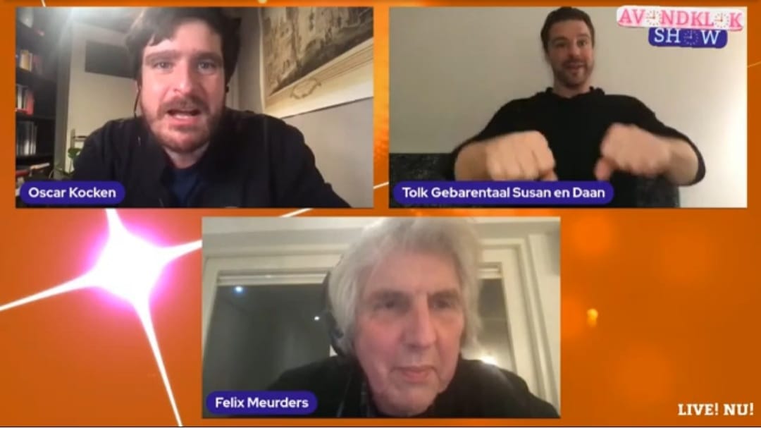Aanstaande zaterdag (6 feb) weer de Avondklokshow!

Opnieuw met gebarentolken en schrijftolken! PLS RT

Kijk mee via youtube.com/watch?v=lUoFkM…

Of de versie met ondertitels: text-on-tap.live/index.html#e=a…

U ziet hieronder een voorbeeld van hoe de live stream van 30 januari was gegaan.