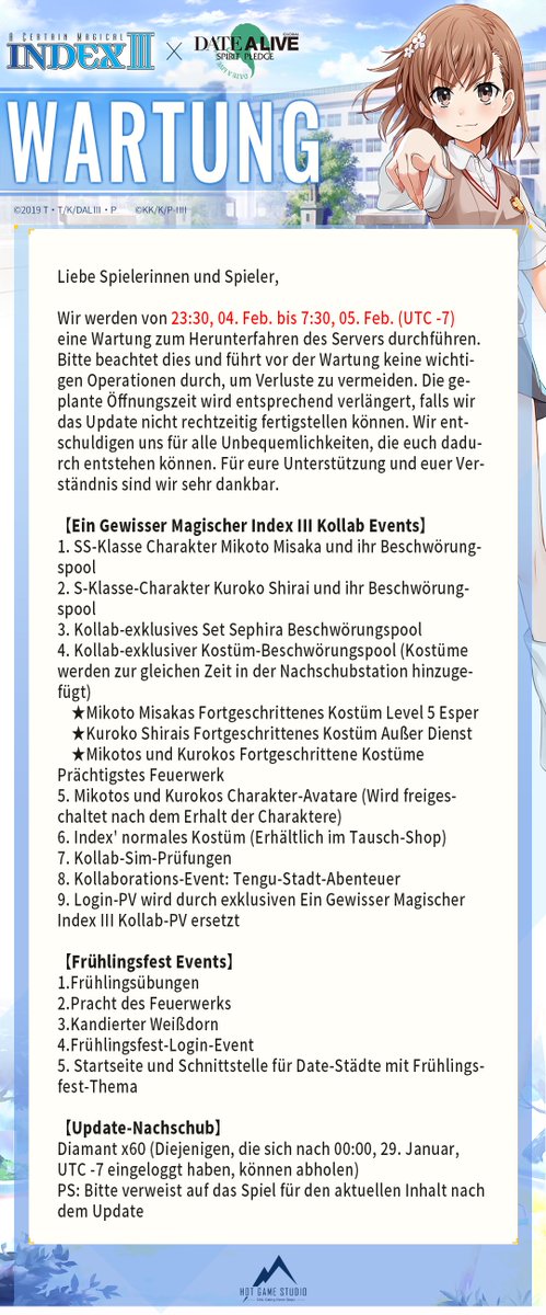 【Server II】Feb 05 Wartungsmitteilung

Liebe Spieler/-innen,

Wir werden eine Serverabschaltung Wartung von 23:30, Feb 04 - 07:30, Feb 05 (UTC -7) haben. Bitte seid euch dessen bewusst. Eure Unterstützung und euer Verständnis sind sehr erwünscht. 

#DateALive #SpiritPledge