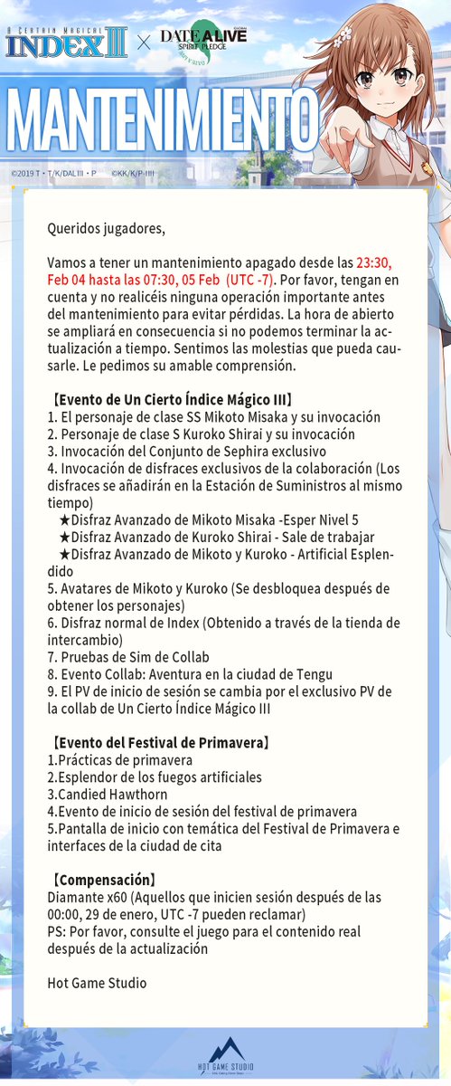 DALSP_ES's tweet image. 【Servidor II】5 Febrero Aviso de mantenimiento

Queridos jugadores,

Tendremos un mantenimiento apagado desde las 23:30, 4 Febrero  - 07:30, 05 Febrero (UTC -7). Tenga en cuenta esto. Muchas gracias por su soporte y amable comprensión. 

#DateALive #SpiritPledge