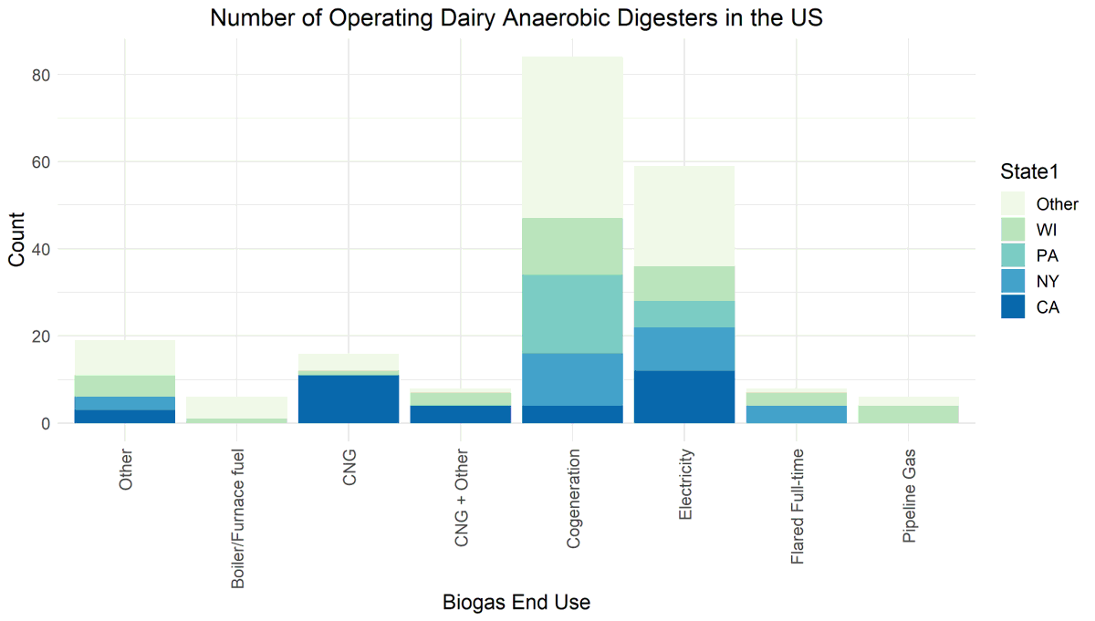 5. Equal numbers of California digesters are employed to produce CNG for transportation and to generate electricity. Most digesters outside California produce biogas that is used to generate electricity or in cogeneration plants, which produce electricity and heat.