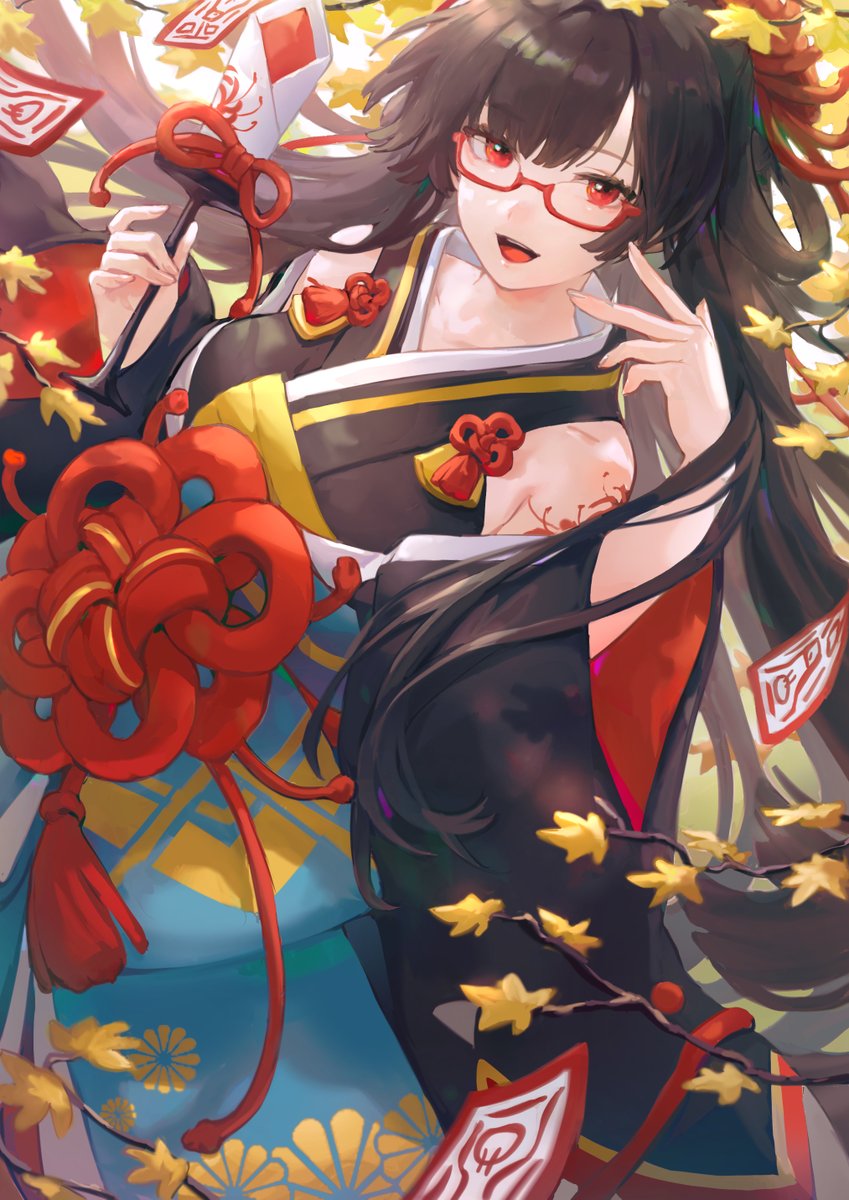1girl long hair red eyes japanese clothes solo kimono glasses  illustration images