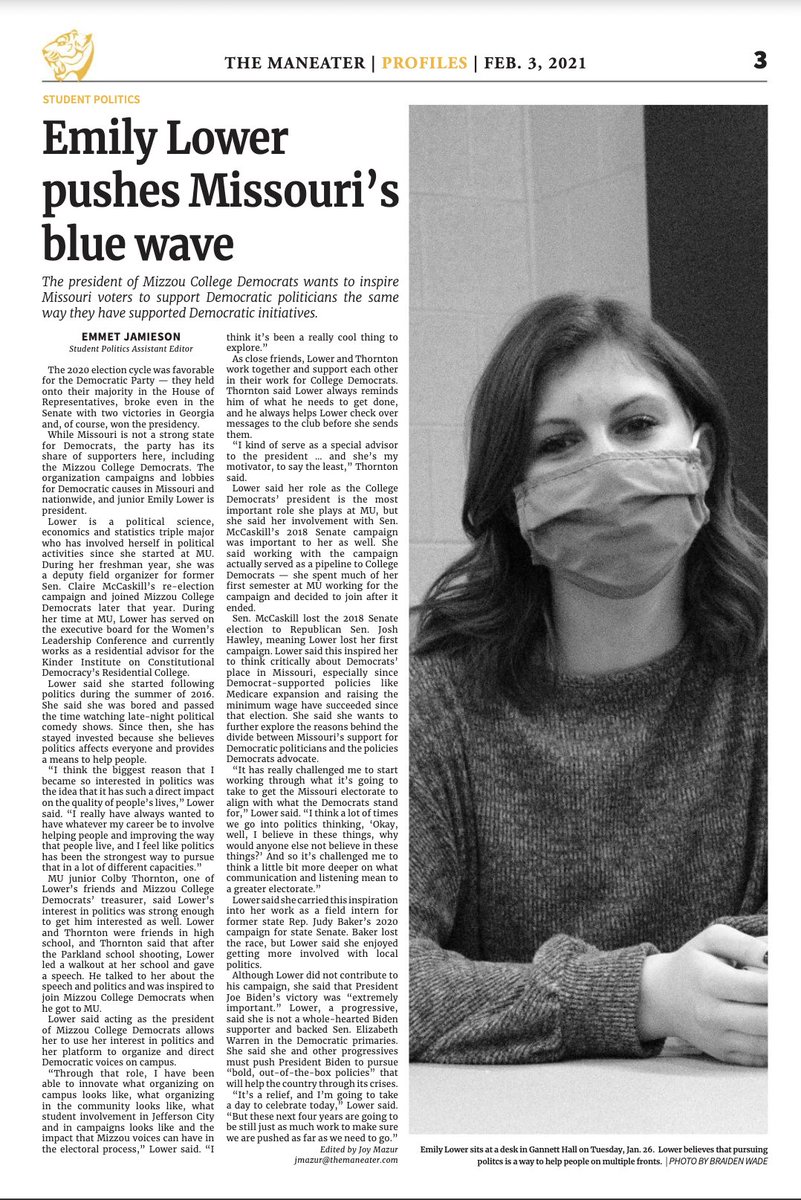 From 𝐓𝐡𝐞 𝐏𝐫𝐨𝐟𝐢𝐥𝐞 𝐈𝐬𝐬𝐮𝐞...

<a href="/mizzoudems/">Mizzou College Democrats</a> President <a href="/emilyWlower/">Emily Lower</a>'s mission didn't end with November's elections. She continues to push Missouri's blue wave.

Online and in print, free on campus newsstands:
themaneater.com/stories/news/e…