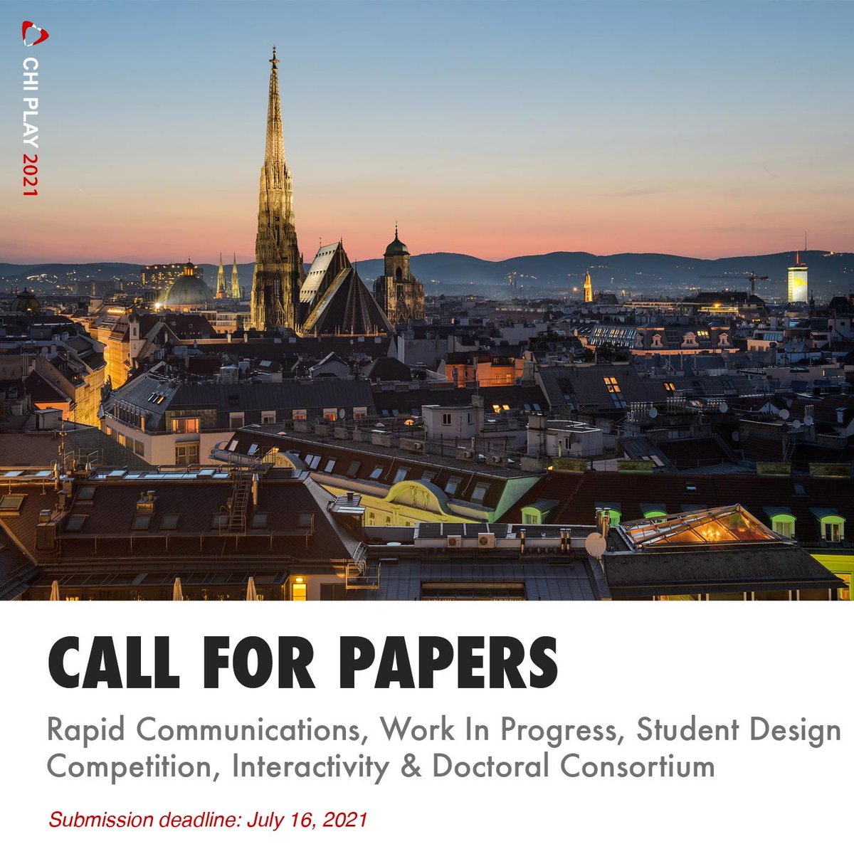 Call for papers! Information is now available on all CHI PLAY 2021 paper tracks, including: Rapid Communications, Work In Progress, Student Design Competition, Interactivity &amp; Doctoral Consortium. These submissions close July 16. See: buff.ly/2IcIyIe #chiplay2021 <a href="/sigchi/">ACM SIGCHI</a>