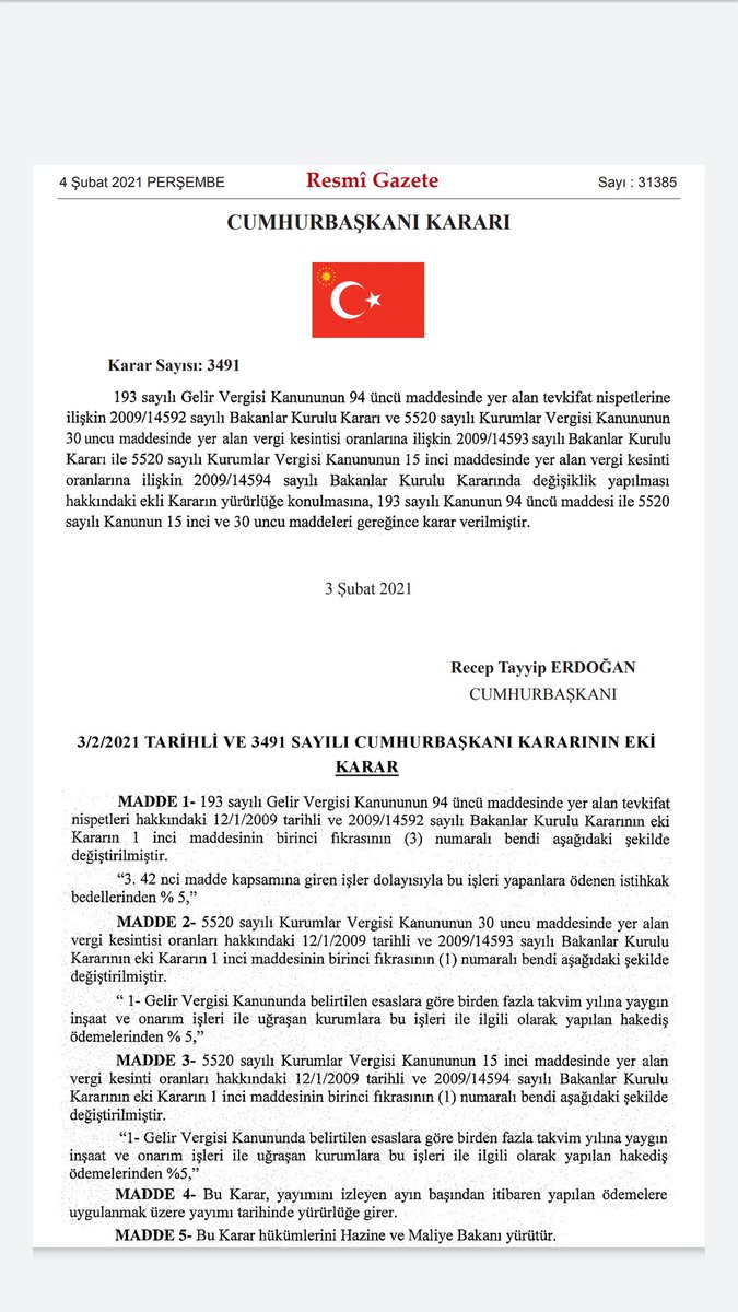 Yıllara sari inşaat işleri hakediş bedelleri üzerinden yapılan tevkifat oranı %3'ten %5'e çıkarıldı. Resmi gazete :