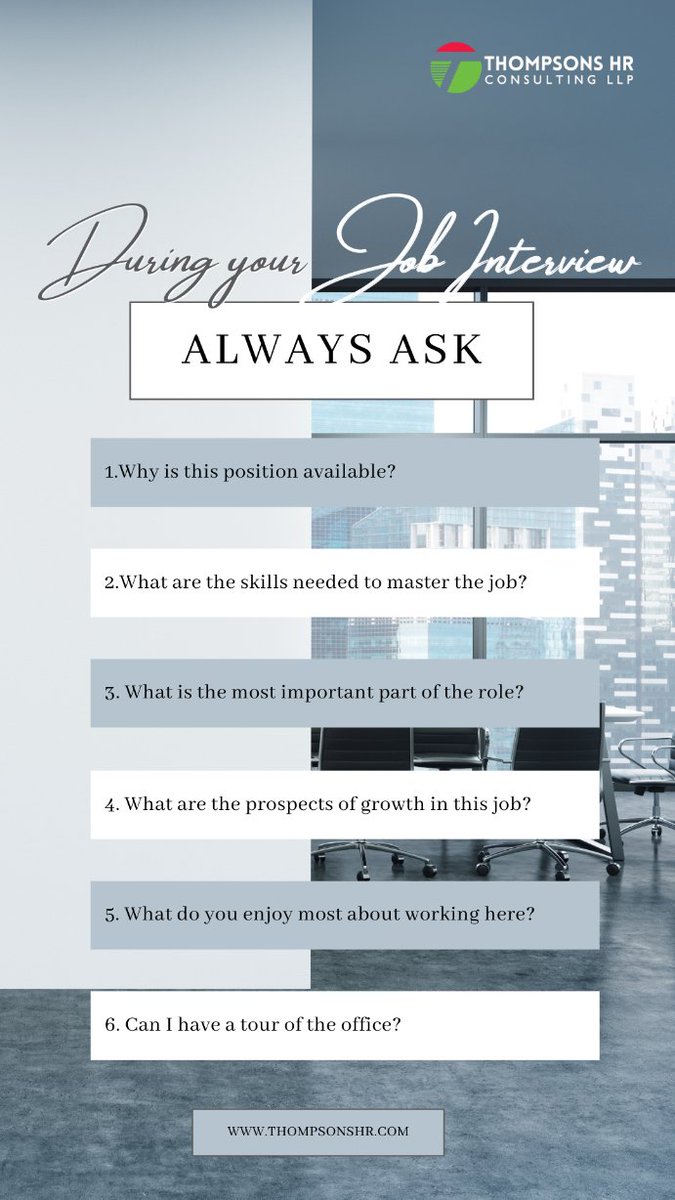 ThompsonsHRC's tweet image. Regardless of how much time, you spend on research, there is nothing like getting first-hand information about the company and the role you aspire for. Here are a few questions to get you started during your interview.
#InterviewTips #JobsearchHacks #jobs