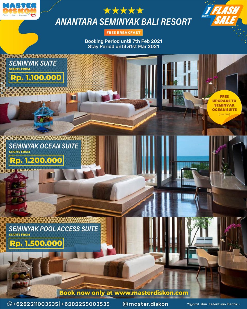 masterdiskonid's tweet photo. #promohotel #anantaraseminyak
Bintang 5 harga murah.
Dapatkan free upgrade beli Seminyak Suite. Stay Seminyak Ocean Suite
#bali
#opbali
#promobali https://t.co/wMgbXz9jqx