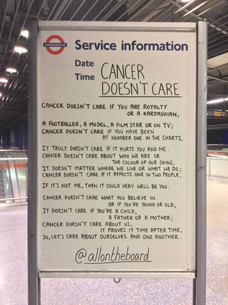 Cancer doesn’t care who we are.
It will affect 1 in 2 of us. 
We are all in this together. <a href="/allontheboard/">All On The Board</a> 

#WorldCancerDay  #WorldCancerDay2021 #Cancer #allontheboard 

Poem from ‘AOTB’ book - amazon.co.uk/dp/1473691249/…