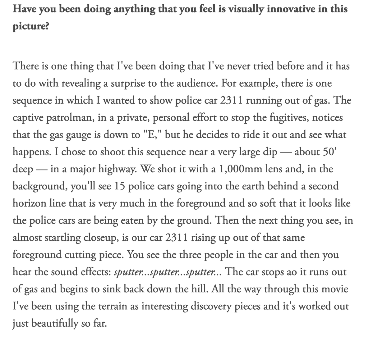 Also, Spielberg discussing coordinating the Texas landscape and the camera to deliver small storytelling surprises.