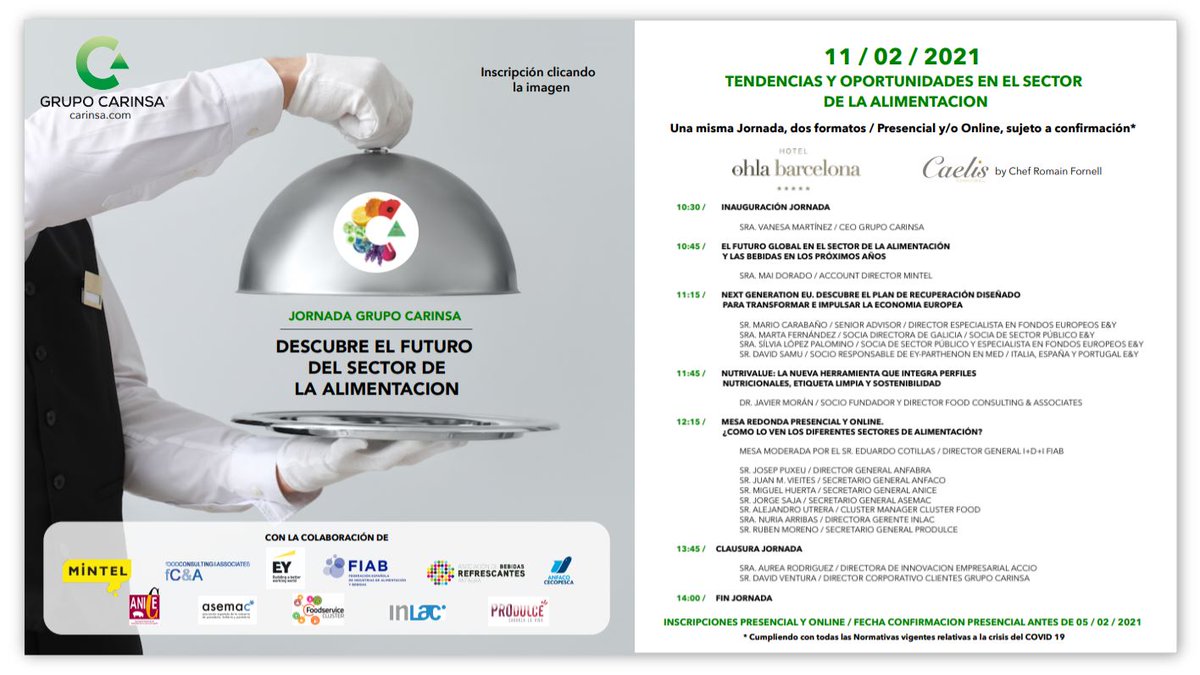 🗓️📌 El próximo 11 de feb <a href="/Grupo_CARINSA/">Grupo Carinsa</a> organiza un webinar donde se descubrirá el futuro del sector de la alimentación y bebidas.

☝️ La Jornada se llevará a cabo en dos formatos: De forma online y de forma presencial

Más info ➡️ foodforlife-spain.es/grupo-carinsa-…