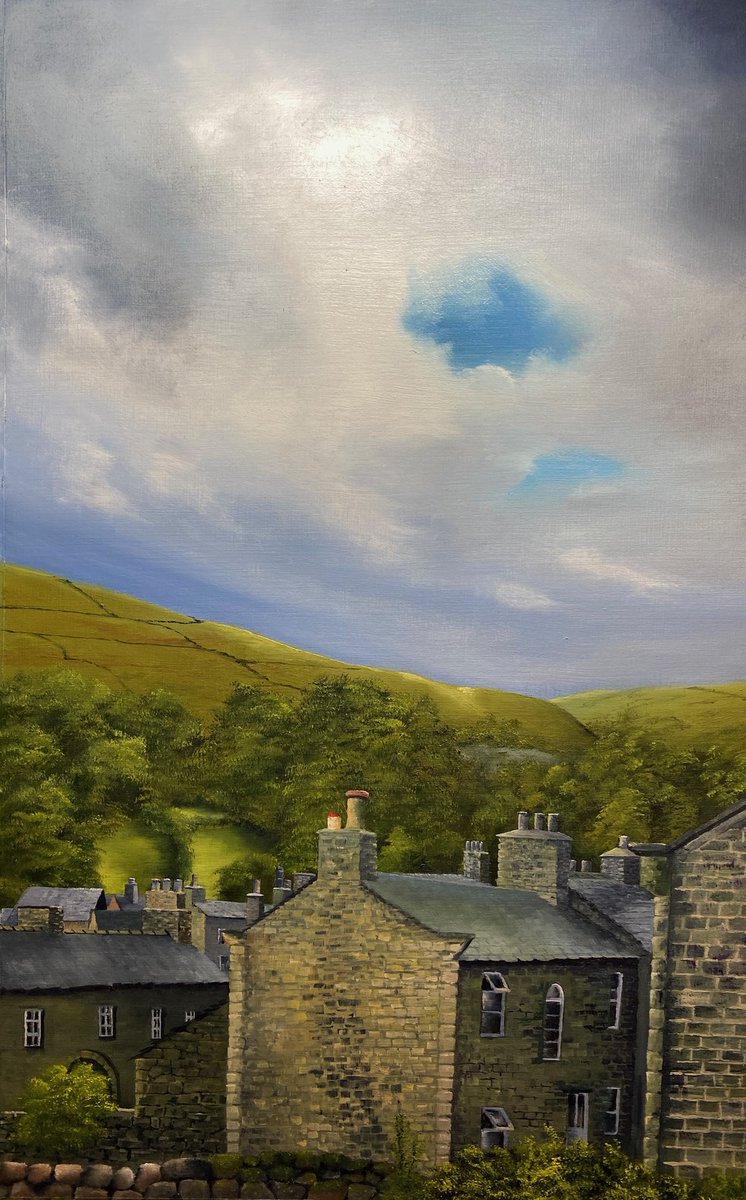 Wonderful view over the 'Rooftops, West Burton' by Pierre Guillou bit.ly/36GItWI Those colours perfectly capture the light after a downpour don't they? You can read some top tips on painting the weather from Bob Brandt here bit.ly/3oKFpyX